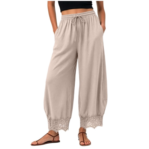 RFQWOVSR Women's High Waist Drawstring Wide Leg Linen Pants with Lace Trim Pockets Casual Summer Trousers S
