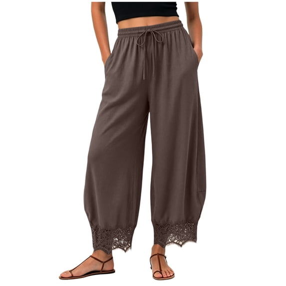 RFQWOVSR Women's High Waist Drawstring Wide Leg Linen Pants with Lace Trim Pockets Casual Summer Trousers XXL