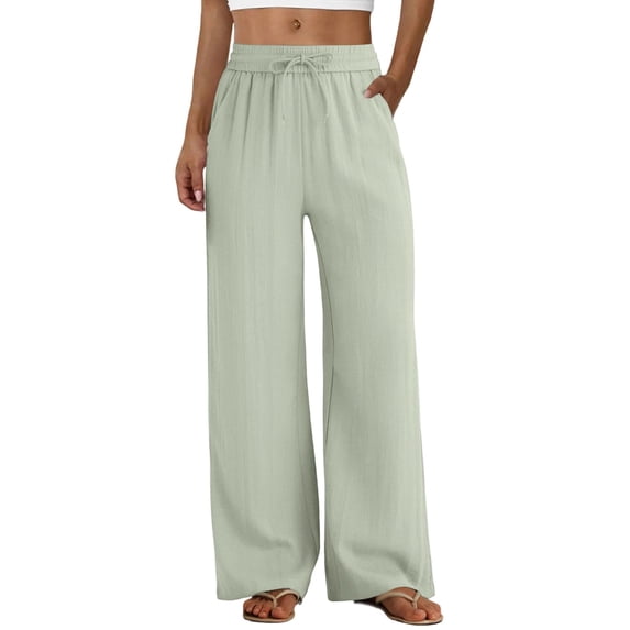 RFQWOVSR Women's High Waist Drawstring Wide Leg Linen Pants with Pockets Loose Fit Casual Summer Trousers S