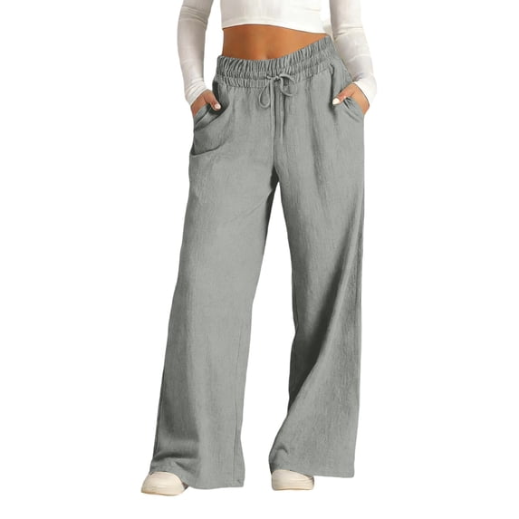 RFQWOVSR Women's High Waist Drawstring Wide Leg Linen Pants with Pockets Loose Fit Casual Summer Trousers XXL