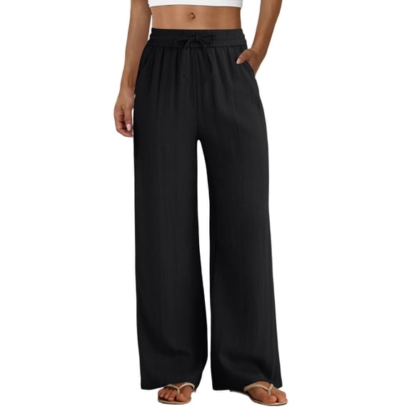 RFQWOVSR Women's High Waist Drawstring Wide Leg Linen Pants with Pockets Loose Fit Casual Summer Trousers XXL