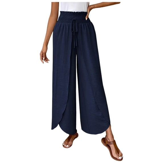 RFQWOVSR Women's High Waist Wide Leg Linen Pants with Side Split Flowy Boho Summer Casual Trousers S