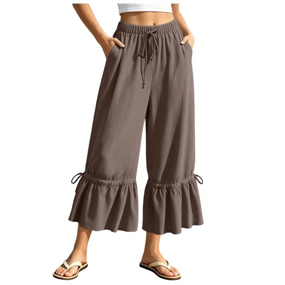 RFQWOVSR Women's Loose Fit Drawstring Linen Pants with Pockets Wide Leg Casual Summer Trousers L