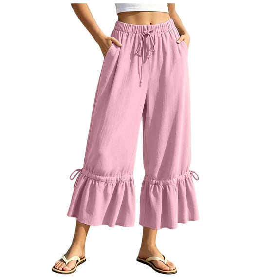 RFQWOVSR Women's Loose Fit Drawstring Linen Pants with Pockets Wide Leg Casual Summer Trousers M