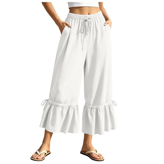 RFQWOVSR Women's Loose Fit Drawstring Linen Pants with Pockets Wide Leg Casual Summer Trousers XL