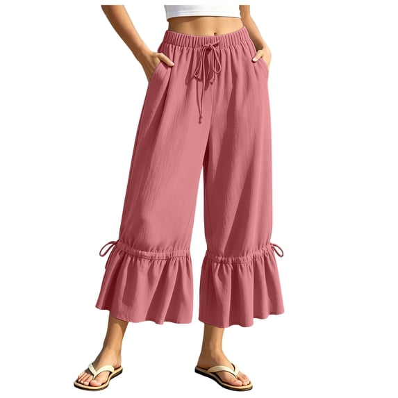 RFQWOVSR Women's Loose Fit Drawstring Linen Pants with Pockets Wide Leg Casual Summer Trousers XXL