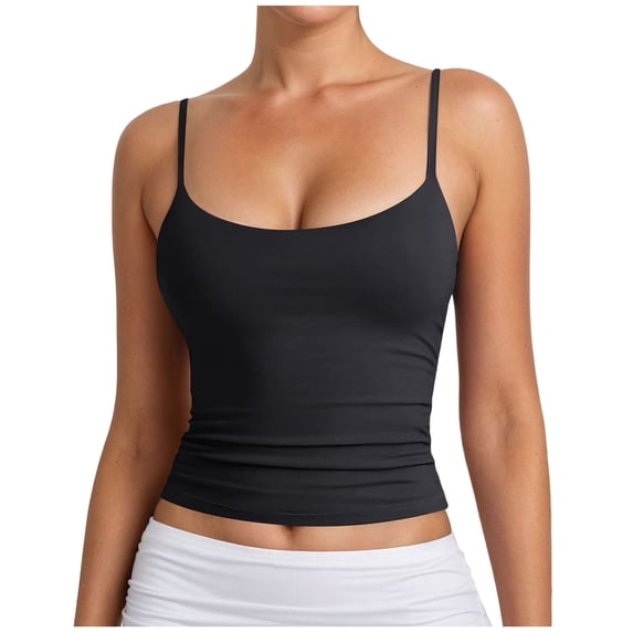 RFQWOVSR Women's Low Crewneck Sleeveless Tank Top Adjustable Spaghetti Straps Double Layer Lined XS