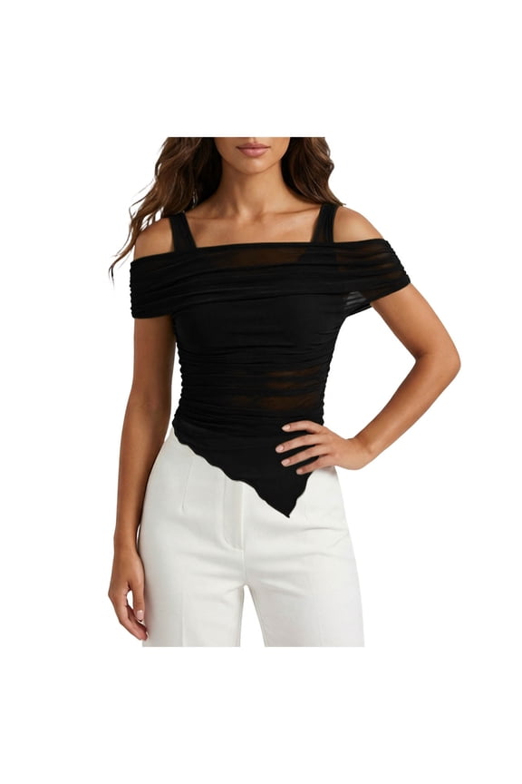 Women's Off-Shoulder Ruched Sleeveless Mesh Top with Lining Asymmetric Hem Slim Fit M