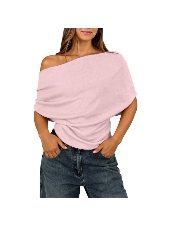 Women's One-Shoulder Short Sleeve Top Batwing Sleeve Slim Fit Casual Solid Color S