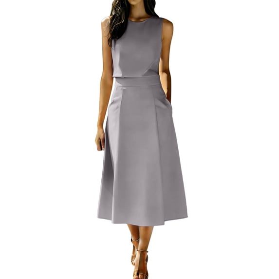 RFQWOVSR Women's Solid Color Elegant Round Neck Sleeveless Crop Top Midi Skirt 2 Piece Set Business Casual Summer Dress Outfit L