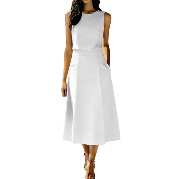 RFQWOVSR Women's Solid Color Elegant Round Neck Sleeveless Crop Top Midi Skirt 2 Piece Set Business Casual Summer Dress Outfit XXXL