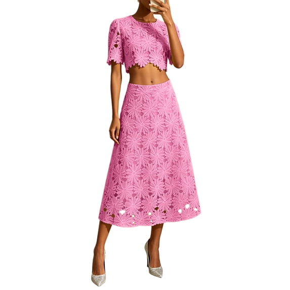 RFQWOVSR Women's Solid Color Embroidered Short Sleeve Crop Top Maxi Skirt 2 Piece Set French Style Casual Summer Dress Outfit S
