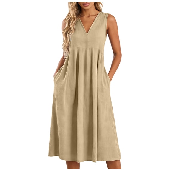 RFQWOVSR Women's V-Neck Sleeveless Linen Midi Dress Loose Fit A-Line Casual with Pockets Lightweight M