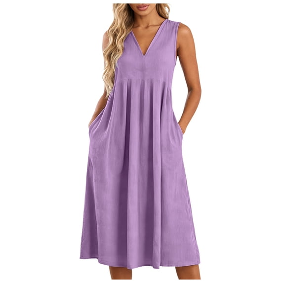 RFQWOVSR Women's V-Neck Sleeveless Linen Midi Dress Loose Fit A-Line Casual with Pockets Lightweight XL