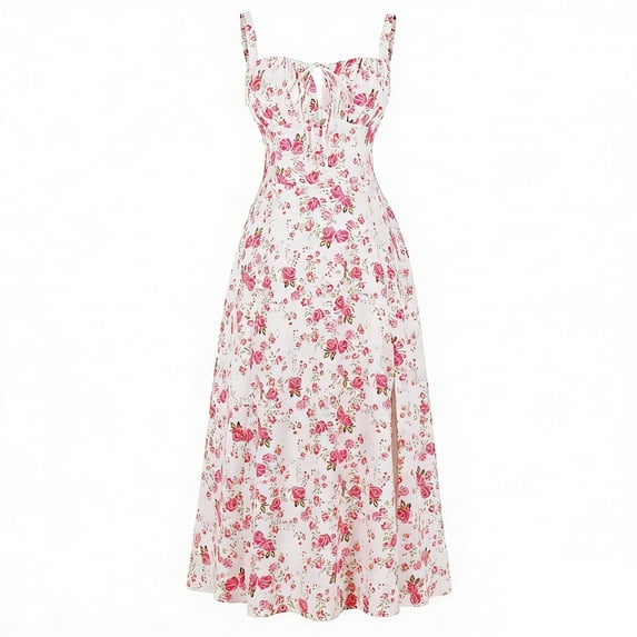 RFQWOVSR Women's V-Neck Sleeveless Tank Dress with Pockets Floral Print Casual Loose Fit L