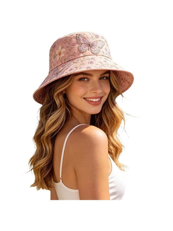 Women's Wide Brim Bucket Sun Hat with Butterfly Graphic Breathable Summer Beach Cap