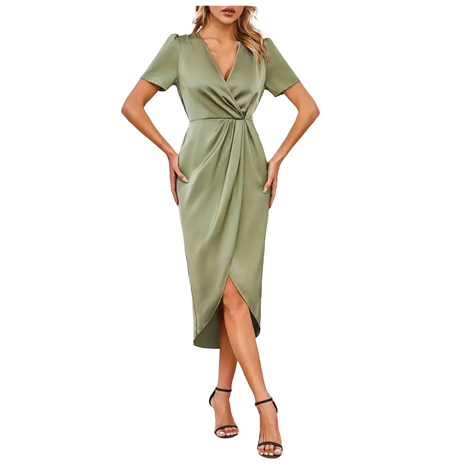 RFQWOVSR Women's Wrap V-Neck Short Sleeve Satin Maxi Dress Ruched Side ...