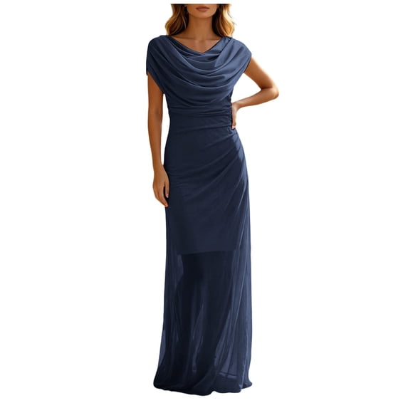 RFQWOVSR Womens Draped Neck Ruched Maxi Dress Elegant Flowing Silhouette Gown M