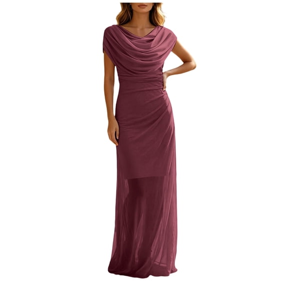 RFQWOVSR Womens Draped Neck Ruched Maxi Dress Elegant Flowing Silhouette Gown XXL
