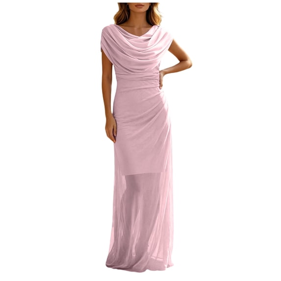 RFQWOVSR Womens Draped Neck Ruched Maxi Dress Elegant Flowing Silhouette Gown XXXL