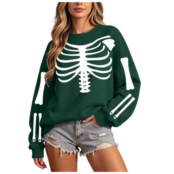RFQWOVSR Womens Halloween Print Crew Neck Long Sleeve Sweatshirt Casual Pullover Top M