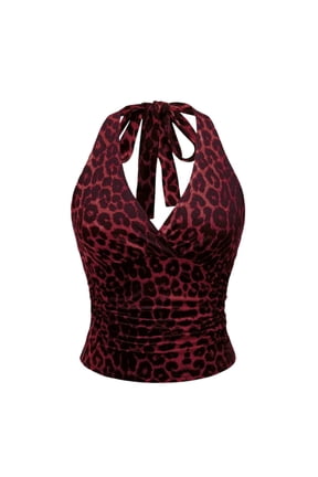 Womens Halter Tie Back Ruched Crop Top Slim Fit Summer Sleeveless Tank S
