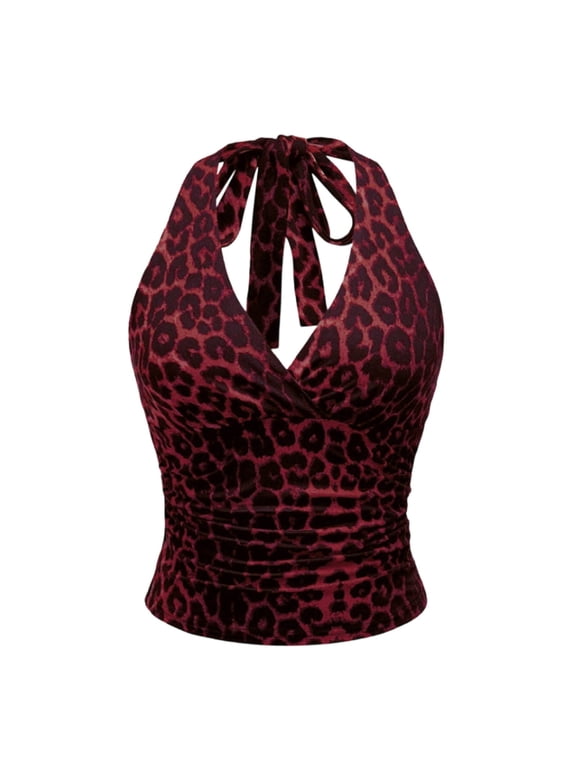 Womens Halter Tie Back Ruched Crop Top Slim Fit Summer Sleeveless Tank S