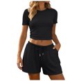 thumbnail image 1 of RFQWOVSR Womens Ribbed Knit Short Sleeve Top and Drawstring Shorts 2 Piece Set Side Split Casual Summer Lounge Outfits L, 1 of 5