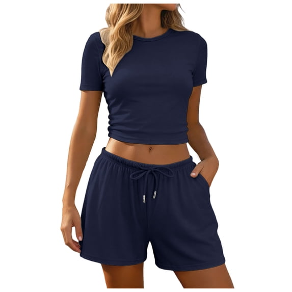 RFQWOVSR Womens Ribbed Knit Short Sleeve Top and Drawstring Shorts 2 Piece Set Side Split Casual Summer Lounge Outfits L