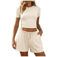 thumbnail image 1 of RFQWOVSR Womens Ribbed Knit Short Sleeve Top and Drawstring Shorts 2 Piece Set Side Split Casual Summer Lounge Outfits XL, 1 of 5