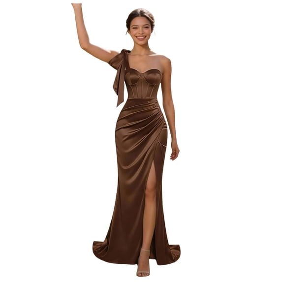 RFQWOVSR Womens Satin Side Slit Maxi Dress Bodycon Elegant Evening Formal Gown L