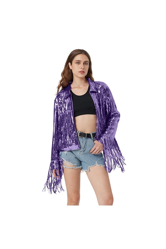 Womens Sequin Fringe Jacket Stage Party Glitter Tassel Coat One Size