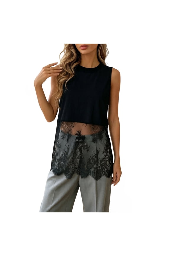Womens Sheer Lace Patchwork Sleeveless Vest Party Casual Summer Top XXL