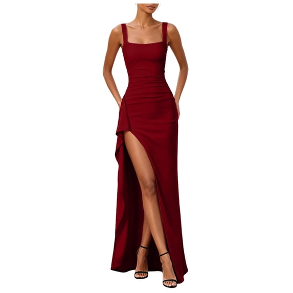 RFQWOVSR Womens Solid Color Spaghetti Strap Side Slit Maxi Dress Elegant Formal Gown S