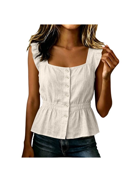 Womens Square Neck Ruffle Sleeve Sleeveless Button Blouse Casual Design Top XXL