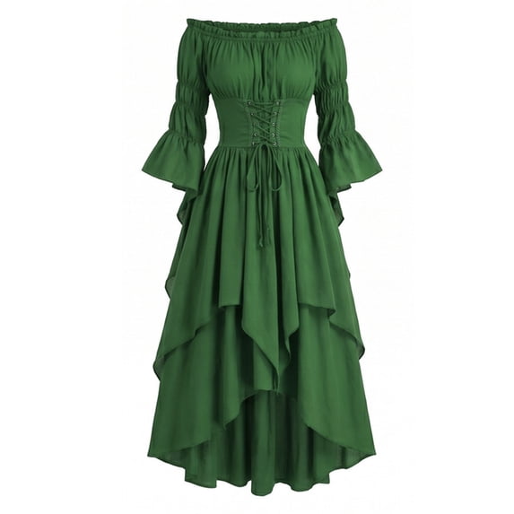 RFQWOVSR Womens Vintage Off Shoulder Lace Up Waist Dress Full Skirt Court Style Gown L