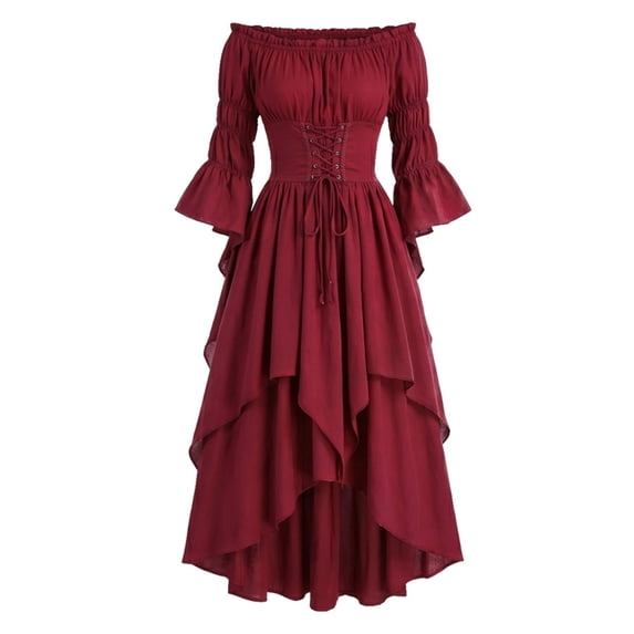 RFQWOVSR Womens Vintage Off Shoulder Lace Up Waist Dress Full Skirt Court Style Gown XXXL
