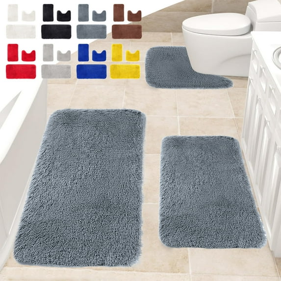 RFUGUG 3-Pcs Set Solid Color Bath Mats - Plush Velvet Fleece & Memory Foam Floor Rugs, Non-Slip Latex Backing, Super Absorbent, Machine Washable & Quick Dry Rug for Bathroom, Toilet, Shower