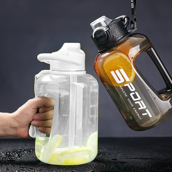 RFUGUG Leak-Proof Sport Water Bottle with Straw & Measurement Markers - BPA-Free White/Black Plastic for School, Gym, Camping, Outdoors - 2 Drinking Modes + Carrying Strap