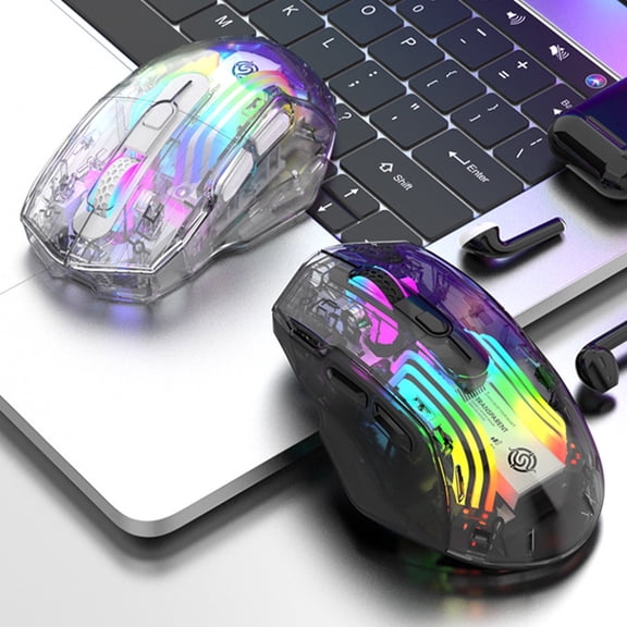 RFUGUG RGB Gaming Mouse, Full Transparent Illuminated 5-Gear DPI Adjustable Wired/Wireless/Bluetooth Game Mouse - Ergonomic Design for PC & Laptop - Black/Clear