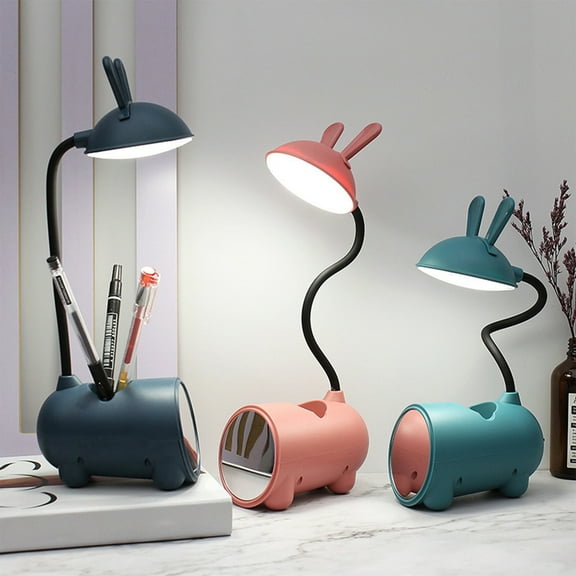 RFUGUG Rabbit-Shaped Desk Lamp with Mirror, Multi-Functional LED Reading Light, Perfect Bedroom Night Lamp with Pen Holder for Kids and Students - USB Powered, Easy On/Off Switch