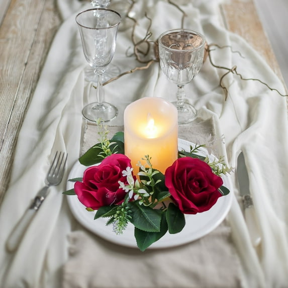 RFUGUG Rose Candle Wreath, Artificial Silk Flower Ring with Leaves, Elegant Table Centerpiece for Weddings, Valentine's Day, and Parties, Romantic Candlestick Decoration