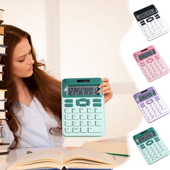 RFUGUG Solar-Powered 12-Digit Calculator, Portable & Durable with Large Buttons for Study, Business and Office Use - White,Pink,Purple,Green