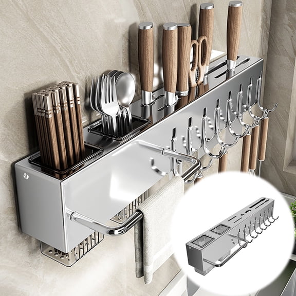 RFUGUG Stainless Steel Kitchen Organizer - 19.7in Wall-Mounted Spice Rack with Towel Bar and Utensil Hooks, Space-Saving