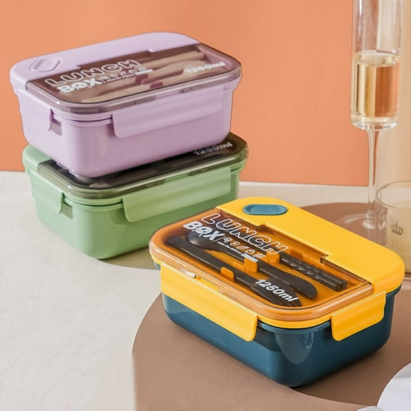 RFUGUG Stylish 3-Compartment Leakproof Lunch Box - 42.7oz Capacity Bento Box with spoon, Fork & chopsticks, Perfect for Adults, Work, Picnics & Outdoors - Durable Plastic, 7.67x5.71x3.15in