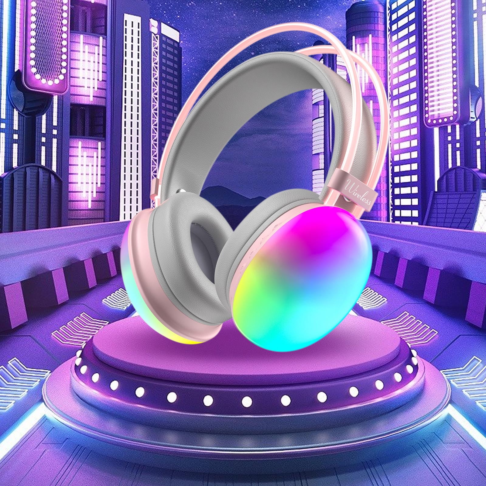RFUGUG Wireless Bluetooth Headphones, Subwoofer Gaming Headset, Bluetooth 5.3 Music and Sports Earphones, LED Light-Up Over-Ear Headphones for Mobile and Computer Use