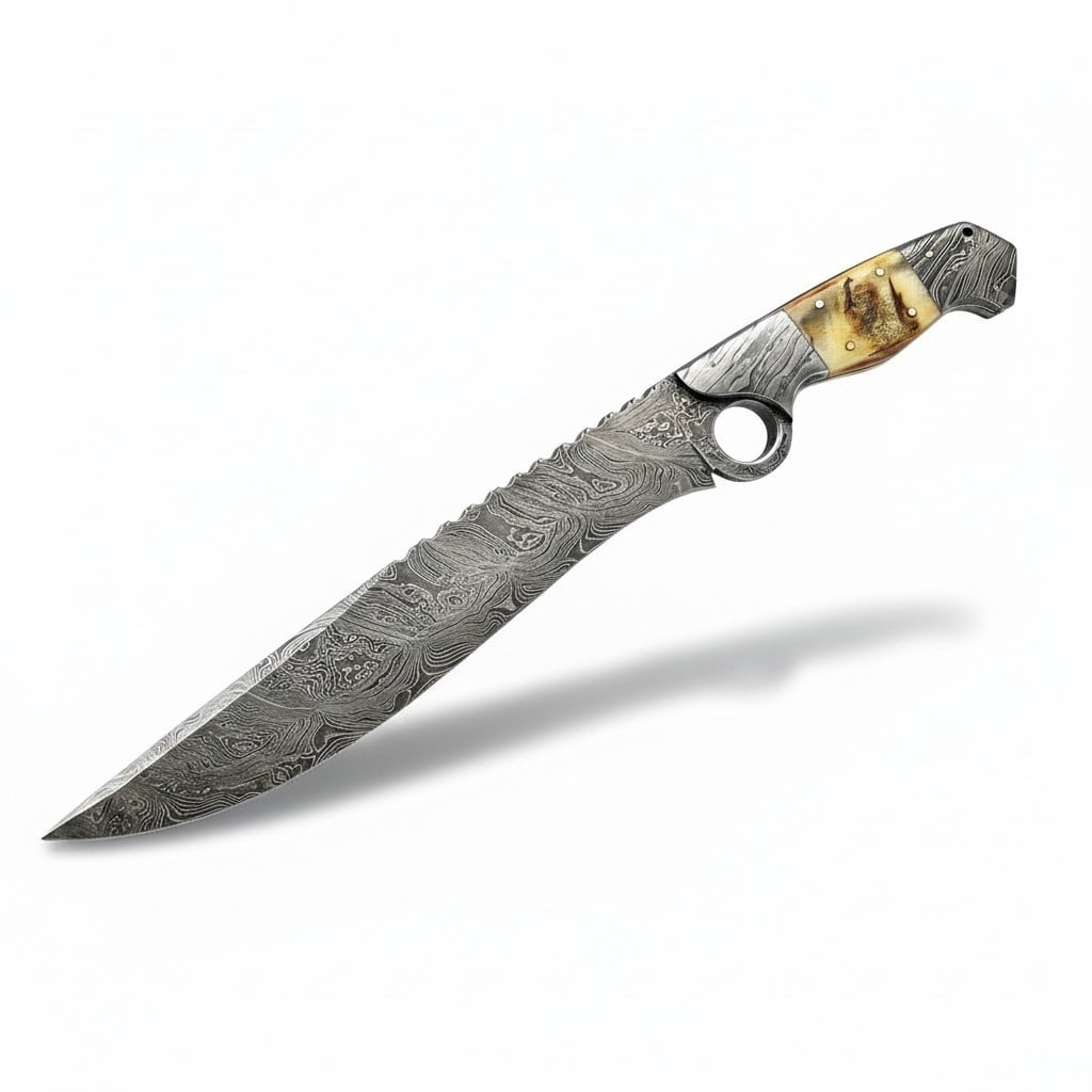 RG-213 Handmade Damascus Steel 15 Inches Bowie Knife - Beautiful Lamb Horn Handle with Damascus Steel Bolsters