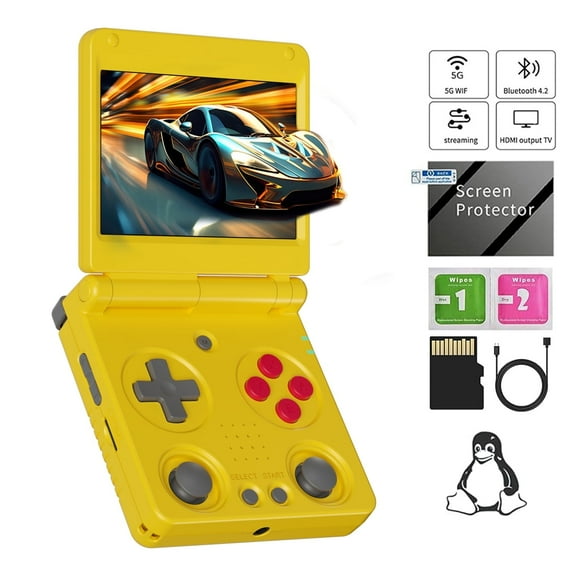 RG34XXSP Handheld Game Console,3300 mAh Battey,3.4 inch Screen Support 30+ Simulators 5G WiFi Bluetooth HD Indigo Yellow