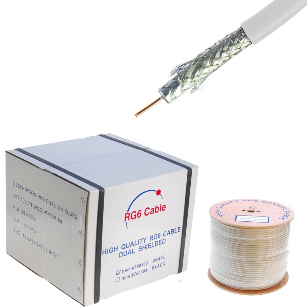 RG6 1000ft Dual Shield Coaxial Cable, 18 AWG Copper Clad Steel Conductor ,  Foam PE Core, 60% aluminum braid, PVC Jacket, Reel in Box (1000FT, White) 