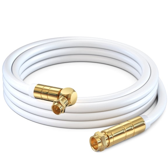 RG6 COAXIAL CABLE with Angled Connector - Quad Shielded, 6ft White Non-Oxygen Copper Cable Wire for TV, Internet